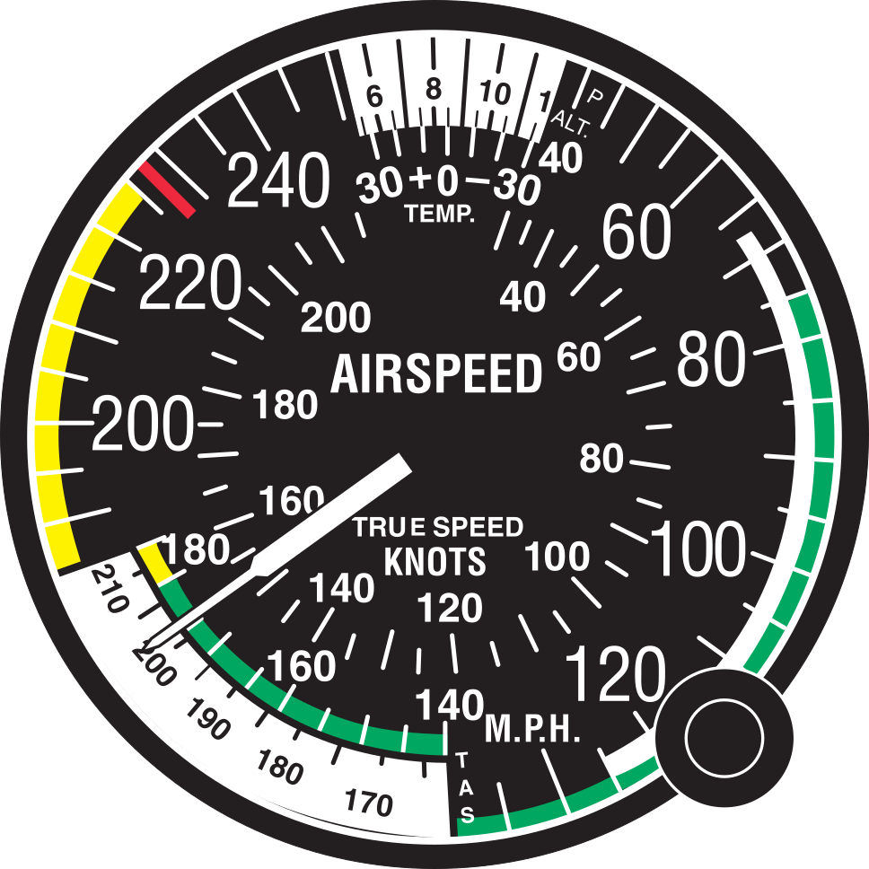 A mechanical true airspeed indicator for a low-speed airplane. The pilot sets the pressure altitude and air temperature in the top window using the knob; the needle indicates true airspeed in the lower left window.